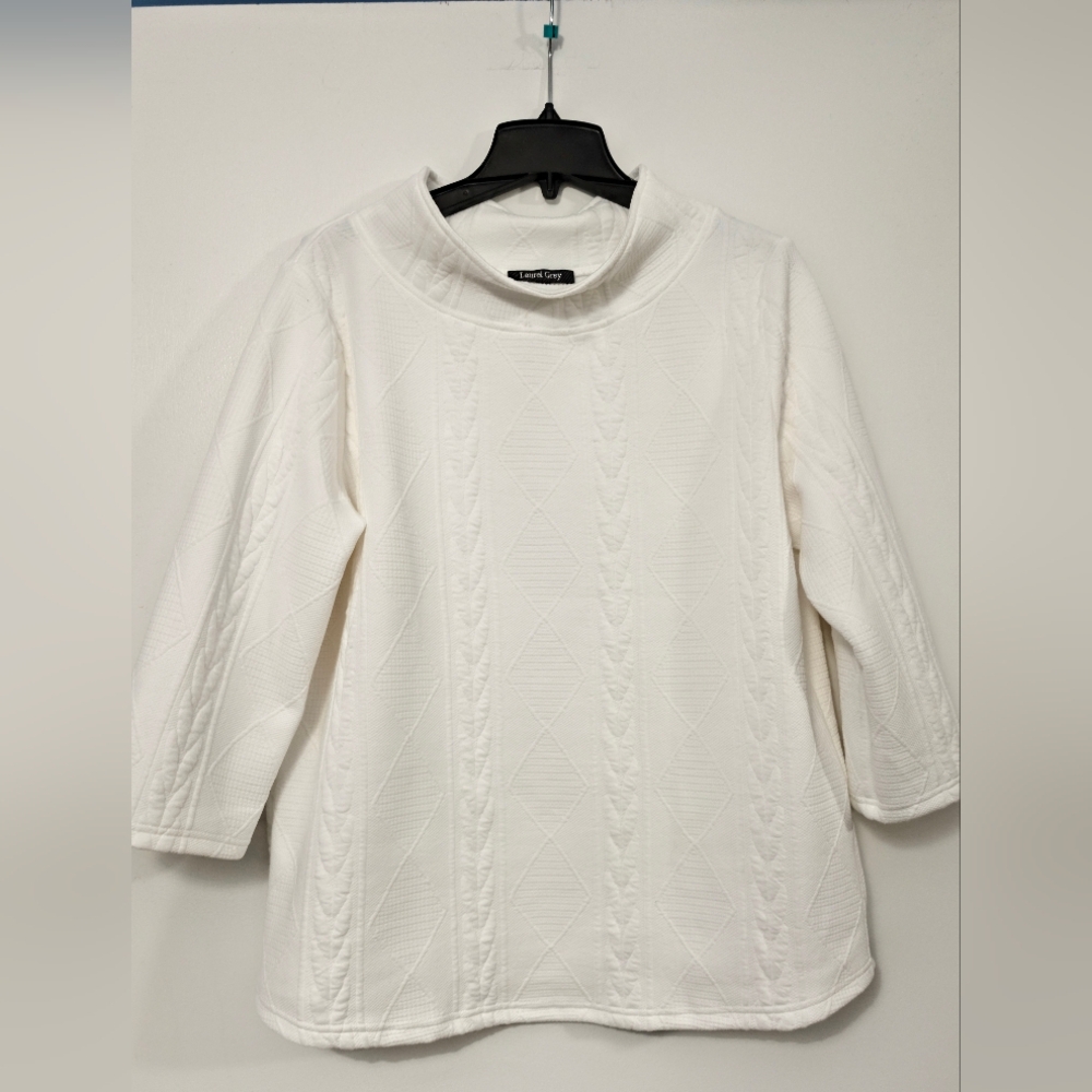 Laurel Grey White Cable Knit Mock Neck Top XL Textured Quilted Pullover